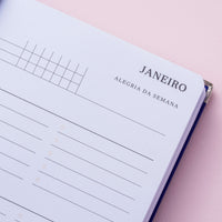 detalhe da alegria da semana Do Mini planner 2024 azul royal meg & meg sobre fundo rosa claro