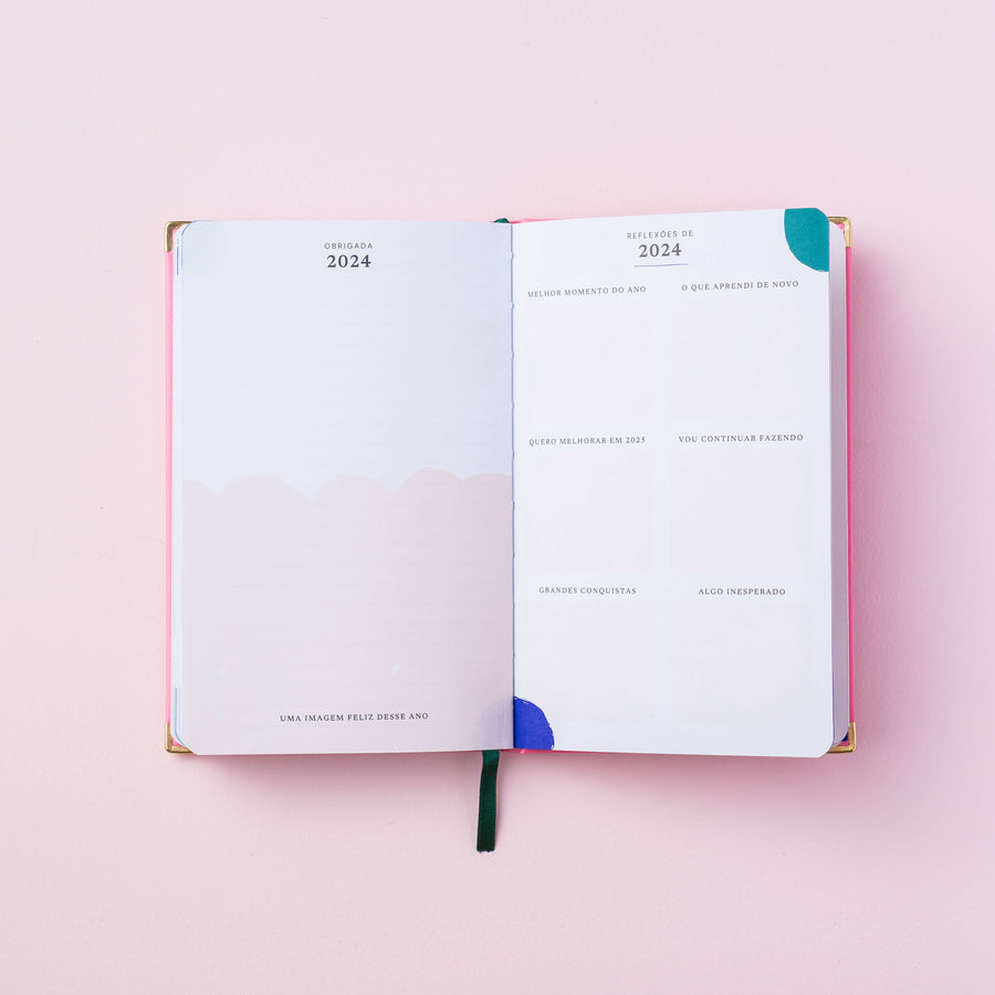 resumo do ano do Mini planner 2024 rosa nuvem meg & meg sobre fundo rosa claro