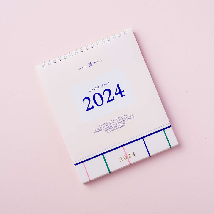calendário de mesa 2024 linhas sobre fundo rosa claro