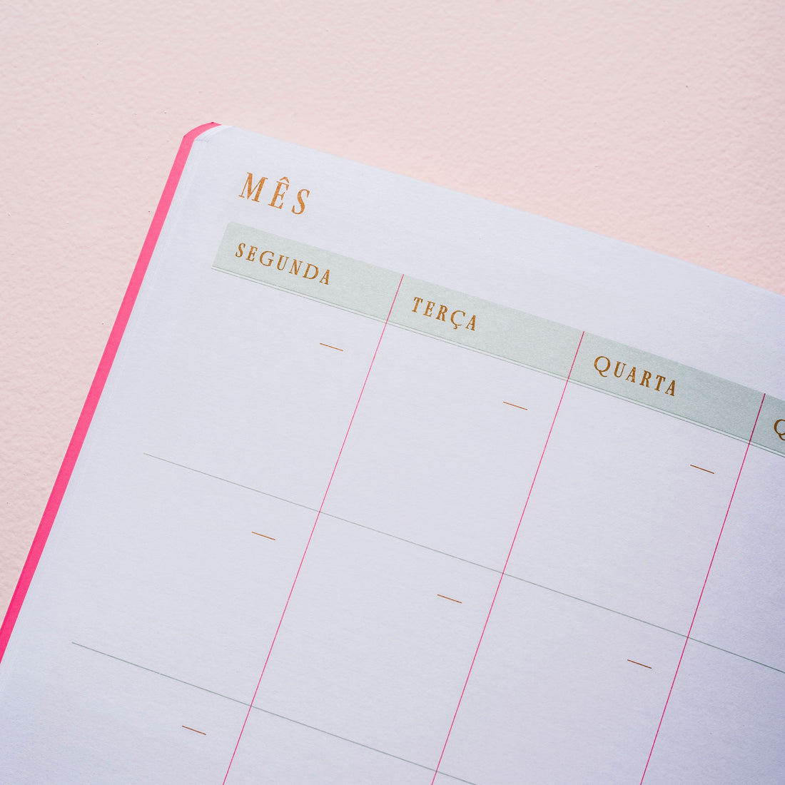 detalhe da visão mensal do caderno de planejamento mensal sobre fundo liso rosa